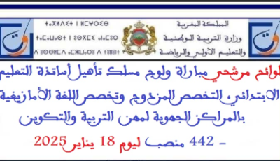 لوائح مرشحي مباراة ولوج مسلك تأهيل أساتذة التعليم الابتدائي، التخصص المزدوج وتخصص اللغة الأمازيغية بالمراكز الجهوية لمهن التربية والتكوين – 442 منصب